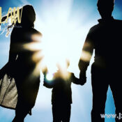 Silhouetted family of three holding hands against a bright sun and blue sky; logo in the top-left corner suggesting a family-focused law firm.