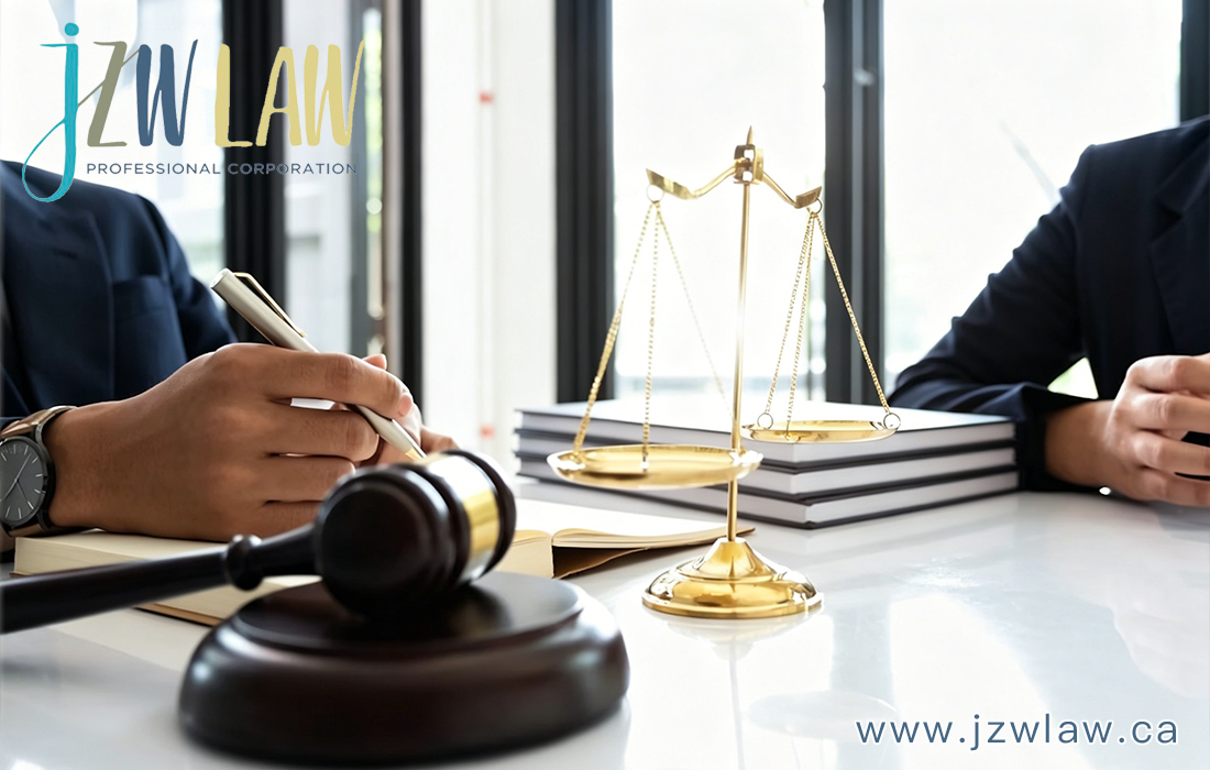 Logo for 'jzwLAW Professional Corporation' on a lawyer's desk beside scales of justice, a gavel, and stacked books.