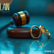 Law gavel with two wedding rings, suggesting family law services and the firm's branding (jzwlaw) in the background.
