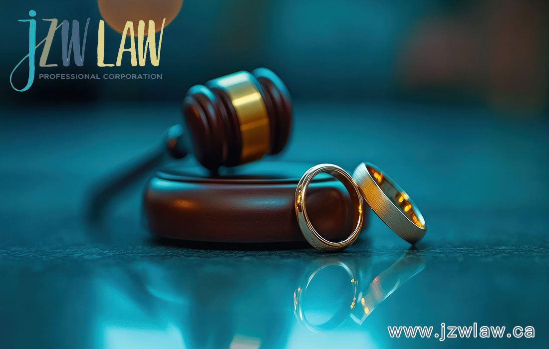 Law gavel with two wedding rings, suggesting family law services and the firm's branding (jzwlaw) in the background.