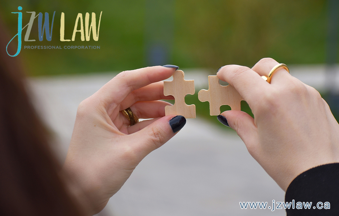 Two hands connect two puzzle pieces, symbolizing partnership, with a law firm's logo in the top-left corner.